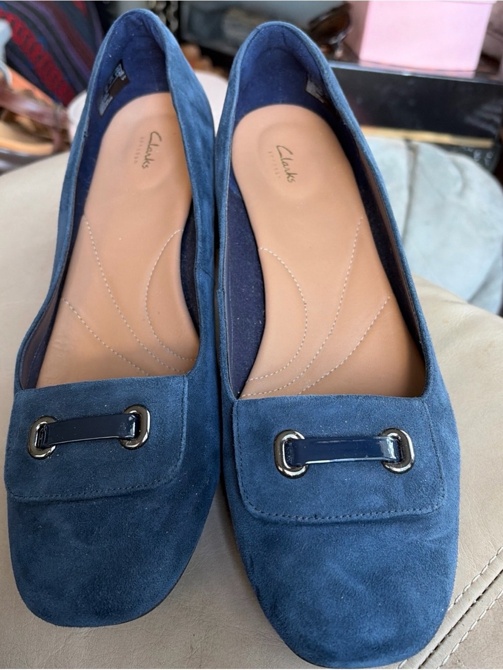 Clarks Women’s Artisan Blue Suede Slip on Heels with Metal Bit Detail Size 10